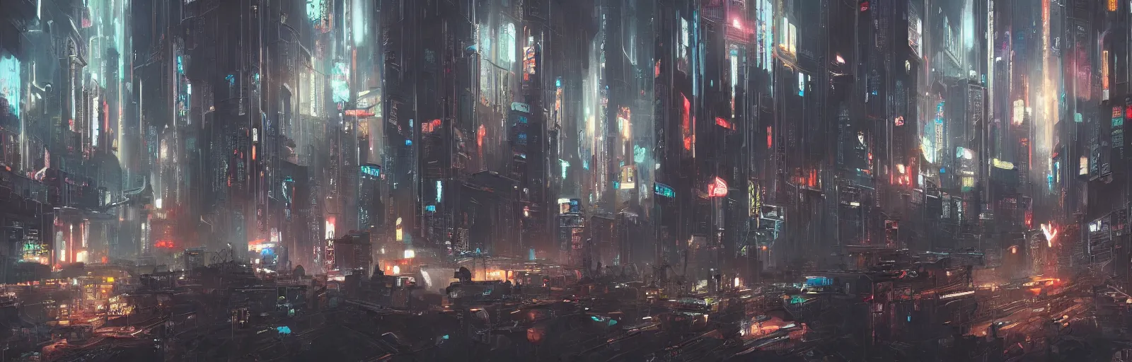 Prompt: a painting of a cyberpunk city trending on artstation in the style of greg rutkowski and banksy