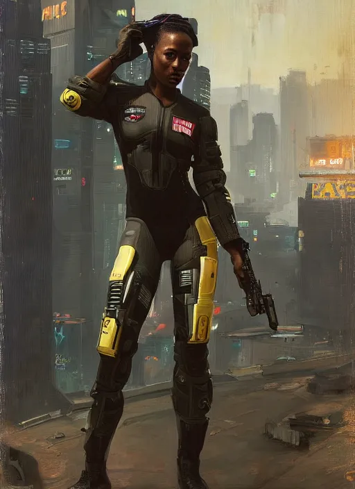 Image similar to Sgt. Maria igwe. Strong cyberpunk female USN marine wearing a military vest and powerful military cyberpunk exo-suit (cyberpunk 2077, bladerunner 2049). gorgeous face. Iranian orientalist portrait by john william waterhouse and Edwin Longsden Long and Theodore Ralli and Nasreddine Dinet, oil on canvas. Cinematic, hyper realism, realistic proportions, dramatic lighting, high detail 4k