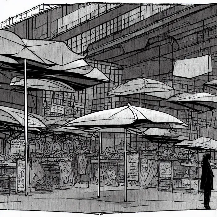 Image similar to close view of a market stall. folded umbrellas on the stall. set in a square. background of an old soviet monument. storyboard, scifi cyberpunk. by gabriel hardman, joe alves, chris bonura. cinematic atmosphere, detailed and intricate, perfect anatomy