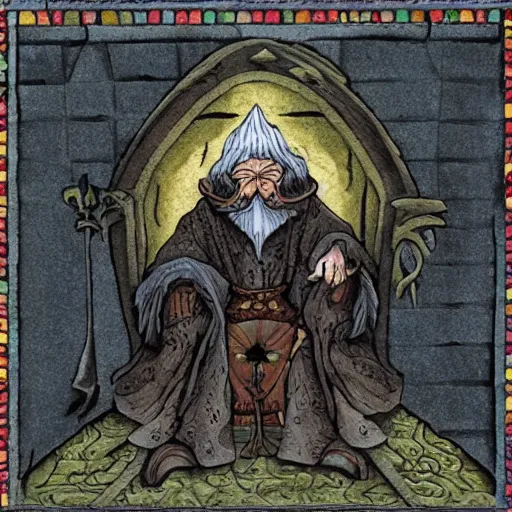 Image similar to An old wizard sitting on a throne, svg