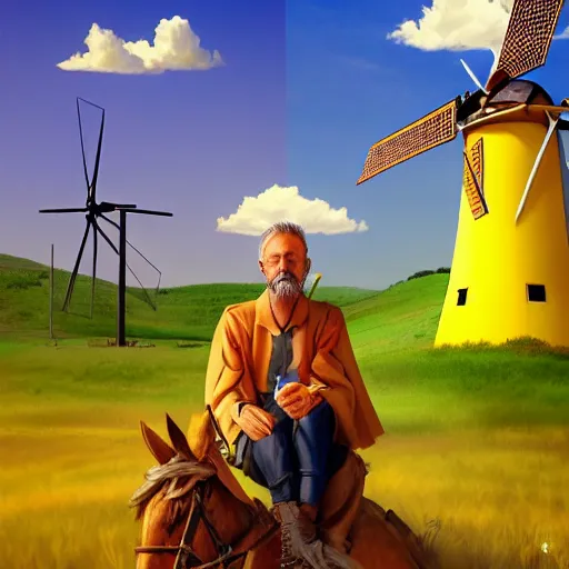 Image similar to portrait of don quixote sitting on a pikachu, windmill, summer, sun in the zenith, digital art, highly detailed, stunning scene, realism, stunning scene, bright colors, trending on artstation, masterpiece