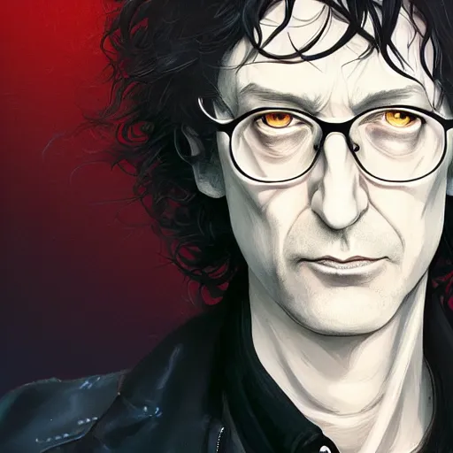 Image similar to closeup portrait of Neil Gaiman as The Sandman, pale skin, long black leather jacket, unruly hair, ambient lighting, 4k, anime key visual, lois van baarle, ilya kuvshinov, rossdraws, artstation