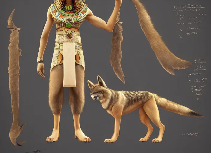 Prompt: hd fullbody egyptian wolf character design of a egyptian wolf. egyptian wolf deviantart adoptable, deviantart species style of maple story and zootopia, artgerm, studio lighting by jessica rossier and brian froud, traditional, artstationhd artstation, zootopia, hq textures