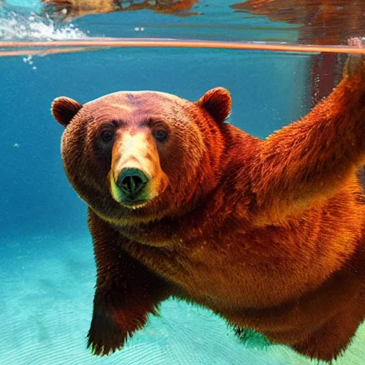 Image similar to a swimming bear inside of a fish bowl