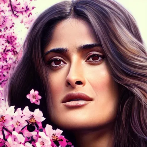 Image similar to portrait of salma hayek in the style of stefan kostic, realistic, body shot, sharp focus, 8 k high definition, insanely detailed, intricate, elegant, art by stanley lau and artgerm, cherry blossoms