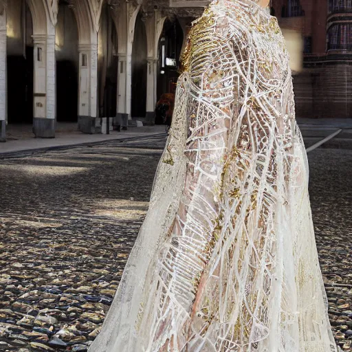 Image similar to a long wedding dress with a train made of flower petals made of light - colored fabric. transparent in places. in places, patterns of precious stones. intricate patterns of gold thin threads. fantasy. clear details