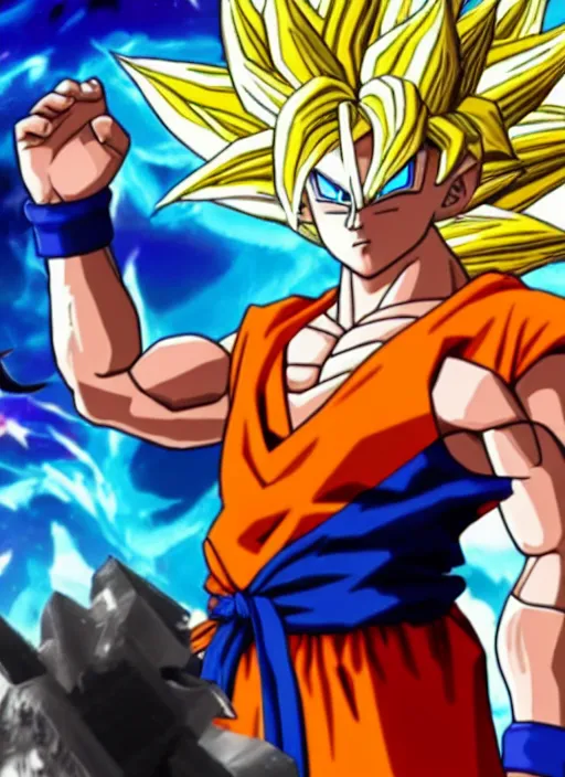 Image similar to game still of super sayan goku as a fortnite skin in fortnite.