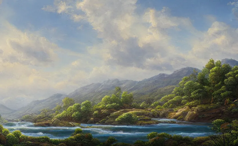 Image similar to highly detailed landscape painting by thomas sanchez, 4k