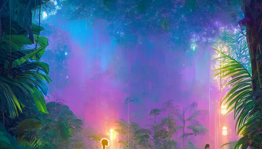 Prompt: portrait of a sparkling tropical grove with neon auroras, path traced, environment, highly detailed, high quality, digital painting, alena aenami, lilia alvarado, shinji aramaki, karol bak, alphonse mucha, tom bagshaw