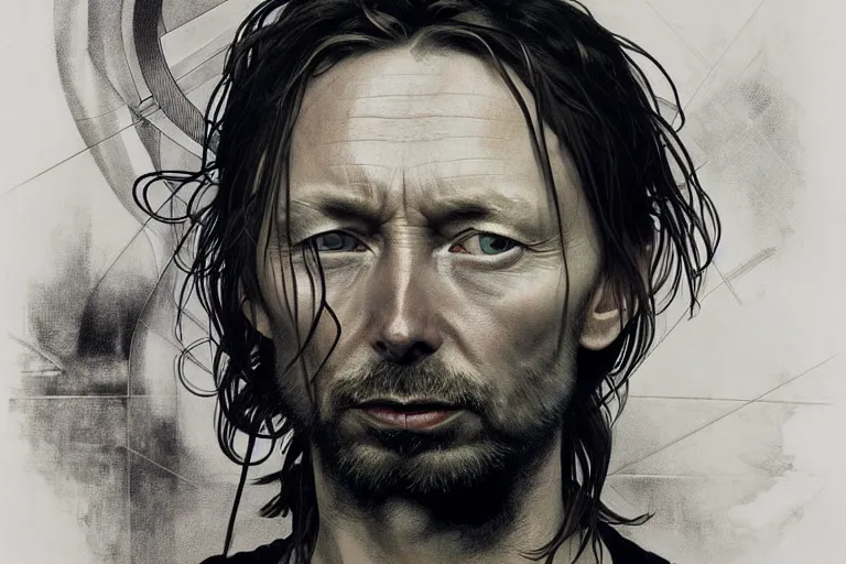 Image similar to hyper realistic portrait of thom yorke singer songwriter, side, liminal space, by lee bermejo, alphonse mucha and greg rutkowski