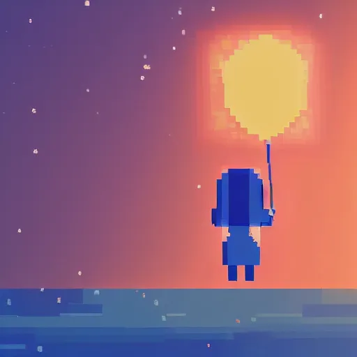 Image similar to A lonely depressed poor girl holding a blue balloon at night on a lonely island, pixel art