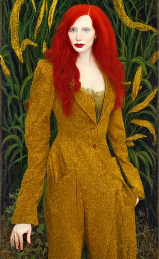 Image similar to portrait of a woman with long red hair, very beautiful style, the girl standing, in a gold suit, photorealism, against a winter garden, vanya comoretti,