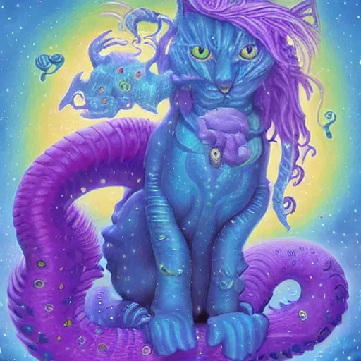 Image similar to cat seahorse shapeshifter, long haired humanoid weirdcore voidpunk fursona, detailed coherent painterly character design digital art by quint buchholz, delphin enjolras, wlop, louis wain, lisa frank, furaffinity, cgsociety, trending on deviantart