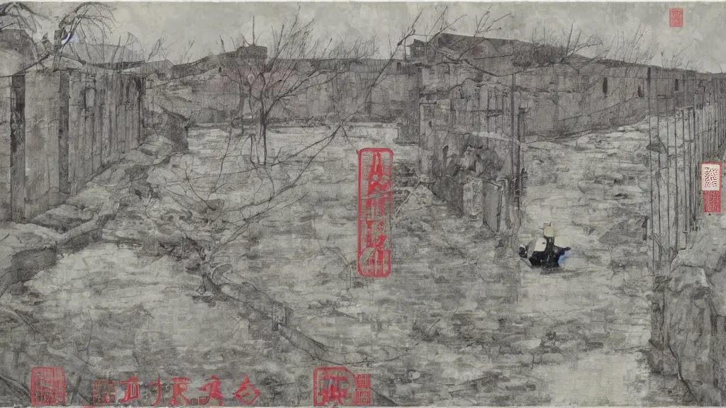 Image similar to a chinese prison near a river by peter doig, acid and grey colors, overlaid with chinese adverts