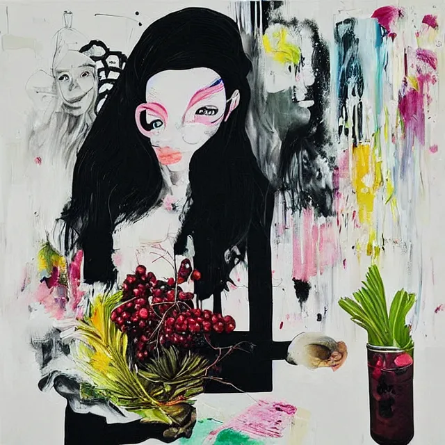 Image similar to “ a portrait in a female art student ’ s apartment, sensual, a pig theme, art supplies, paint tubes, ikebana, herbs, a candle dripping white wax, black walls, squashed berries, berry juice drips, acrylic and spray paint and oilstick on canvas, surrealism, neoexpressionism ”