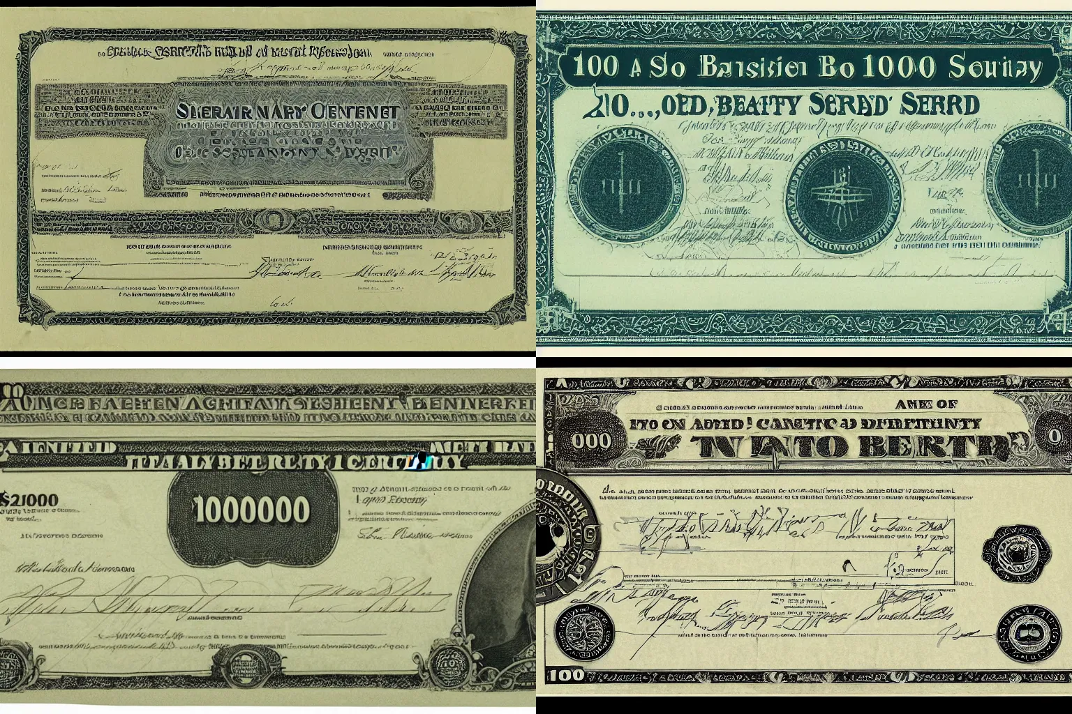 Prompt: scan of a $100,000 bearer bond certificate issued by a top secret society