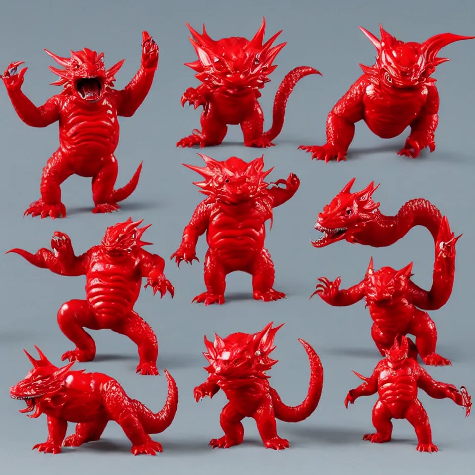 Prompt: chibi kaiju sofubi, glossy, blank mold, soild red, promo shot