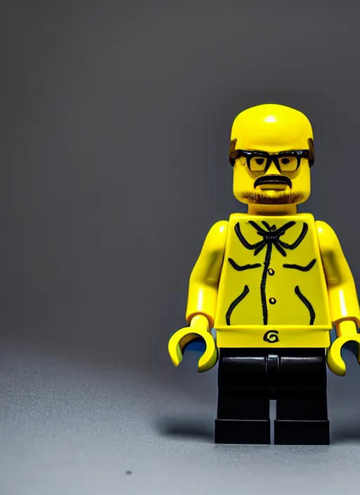 Image similar to macro photo still of lego walter white, 8 k, studio lighting, left side key light, product shot