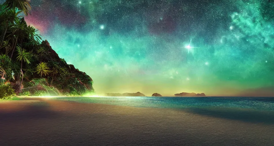 Image similar to landscape photo on lush warm alien beach, night, arching milkyway, sea lit by neon electric psychadelic coral, imposing wave face near shore unbroken ,Jungle, Mountains, lush, cinematic, Lumion rendering, photo realistic, 8k octane render UHD, bright volumetric dynamic lighting, milkyway light, detailed renderings, moonlight