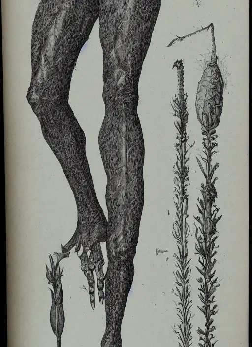 Image similar to fantasy scientific botanical illustration of a green tall plant walking around with human legs