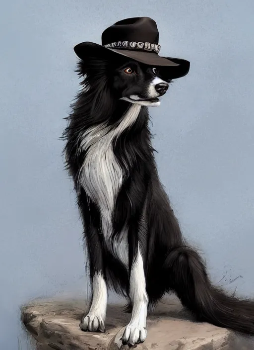 Image similar to wide angle beautiful full body portrait of a strong male anthropomorphic anthro border collie fursona in cowboy hat sitting on a curb, character design by charlie bowater, henry asencio, and ross tran, disney, detailed, sharp focus, matte, aesthetic, trending on artstation, furaffinity, deviantart