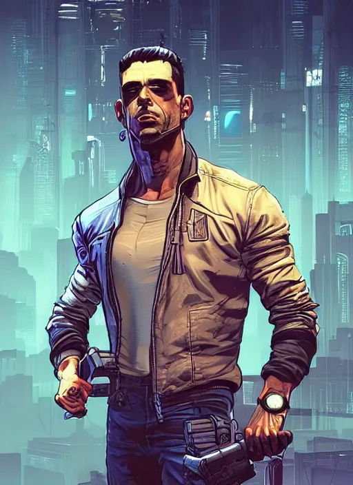 Image similar to Handsome Javier. good looking cyberpunk fitness dude. attractive face. Realistic Proportions. Concept art by James Gurney and Laurie Greasley. Moody Industrial skyline. ArtstationHQ. Creative character design for cyberpunk 2077.