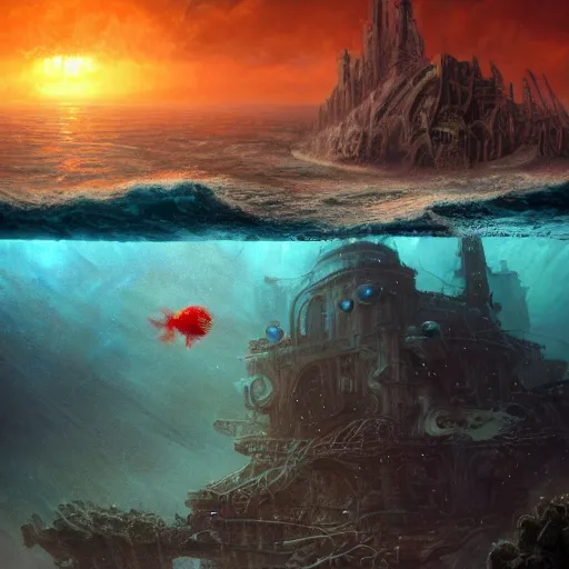 Prompt: A beautiful hyper realistic detailed matte painting of a octopus- and war-ravaged underwater city and a humongous red-glow-eyed whale battling between violent waves, by andreas rocha and john howe, and Martin Johnson Heade, featured on artstation, featured on behance, Atlantis, deep sea fish, wonderful, underwater landscape, golden ratio, ultrawide angle, f32, well composed, cohesive