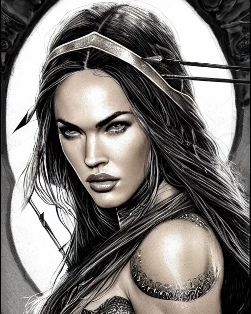 Image similar to portrait of beautiful megan fox as greek goddess aphrodite, archer, arrow on the head, beautiful piercing eyes, flowing blonde hair, realistic face, black and white drawing, in the style of greg rutkowski, fantasy, amazing detail, epic, intricate, elegant, smooth, sharp focus