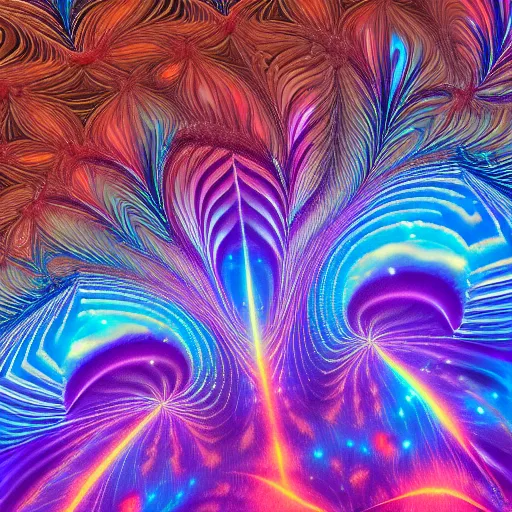 Prompt: an highly detailed irregular warped fractal of feathers by Dean Roger, background of outer space neon nebulas by Pilar Gogar, 8k hdr octane render