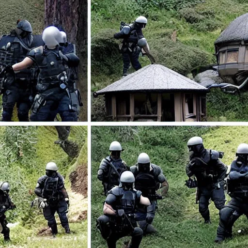 Prompt: swat team raid on a hobbit hole in the shire