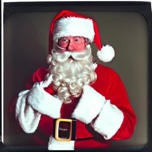 Prompt: 1972 polaroid flash photo of Santa Claus surprised on Christmas Eve