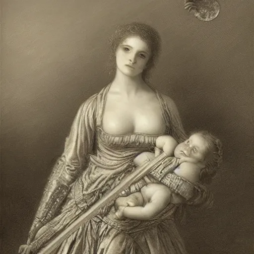 Prompt: a gallant female knight with a baby in her arms, style of gustave dore, moon and stars