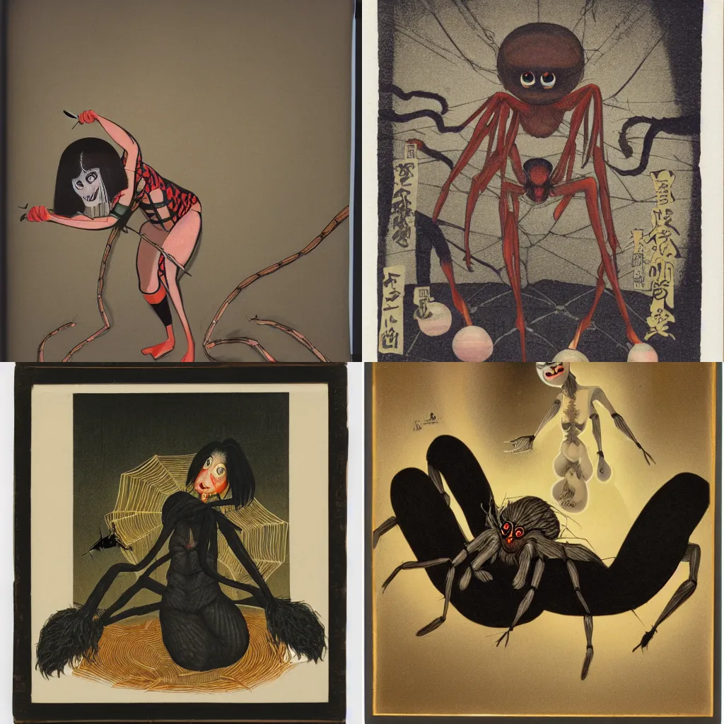 Prompt: kodak portra, studio light, long shot jorogumo, yokai, arachne, teratect, woman from waist up emerging from giant spider