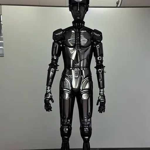 Image similar to “a realistic detailed photo of a guy who is an attractive humanoid who is half robot and half humanoid, who is a male android, twitch streamer Ninja Tyler Blevins, shiny skin, posing like a statue, blank stare”