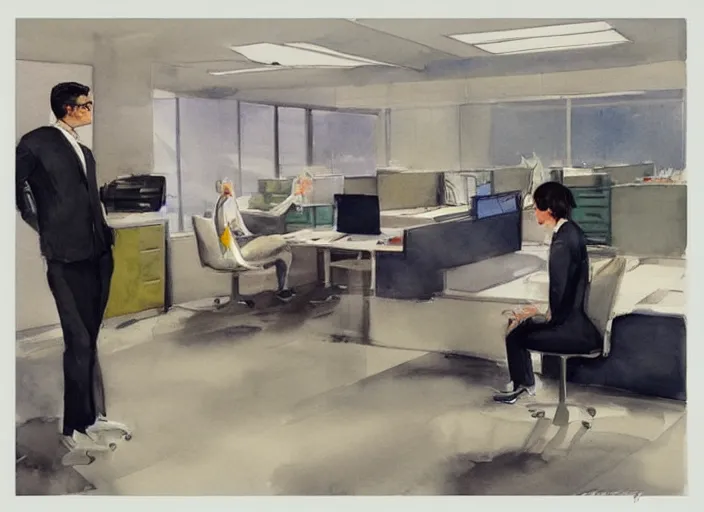 Image similar to concept art of a modern office life, pinterest, artstation trending, behance, watercolor, by coby whitmore *, silver, laser light *,