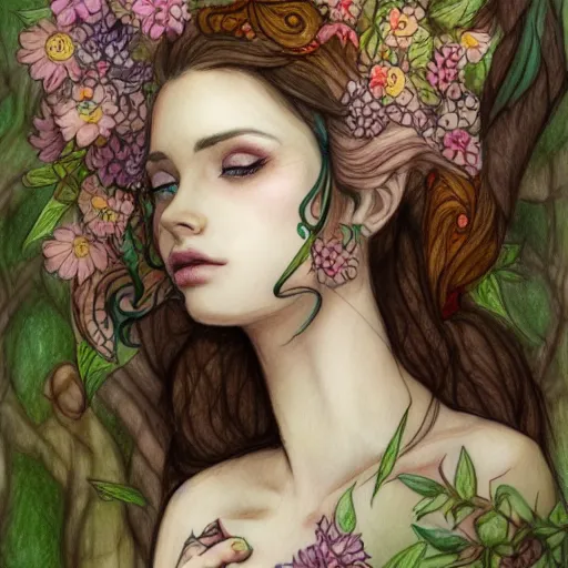 Prompt: a drawing of a beautiful woman dressed in flowers and leaves standing in an enchanted forest, high fantasy, elegant, epic, detailed, intricate, pencil and watercolor, concept art, realistic detailed face, smooth, focus, rim light,