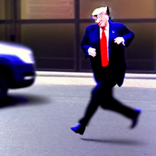 Prompt: cctv footage of donald trump running away from fbi agents
