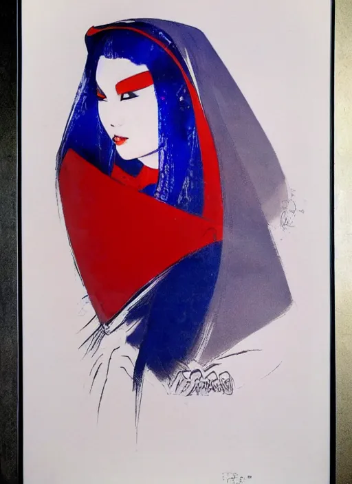 Image similar to portrait of heavyset mighty korean vampiress, jeweled veil, blue and red, strong line, saturated color, beautiful! coherent! by frank frazetta, high contrast, minimalism