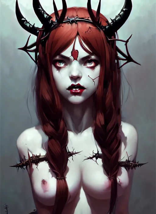 Image similar to portrait of cute succubus girl with crown of thorns and horns covered with runic tattoos, warhammer, dark fantasy, by atey ghailan, by greg rutkowski, by greg tocchini, by james gilleard, by joe gb fenton, by in kaethe butcher, dynamic lighting, gradient light red, brown, blonde cream and white color in scheme, grunge aesthetic