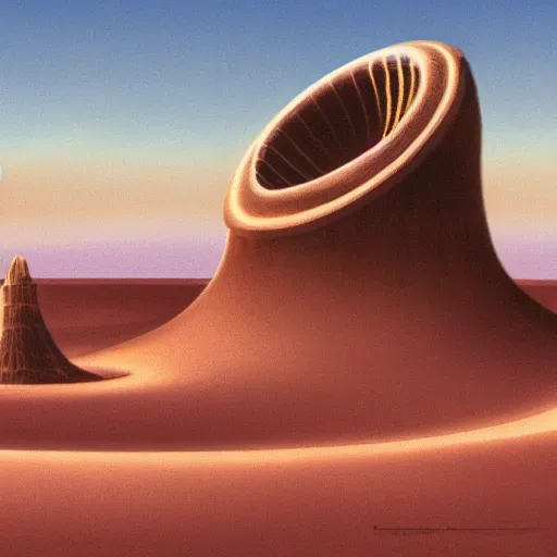 Image similar to a syd mead and ralph maquarrie style matte painting of a spiral building standing on a huge crater in tropical desert