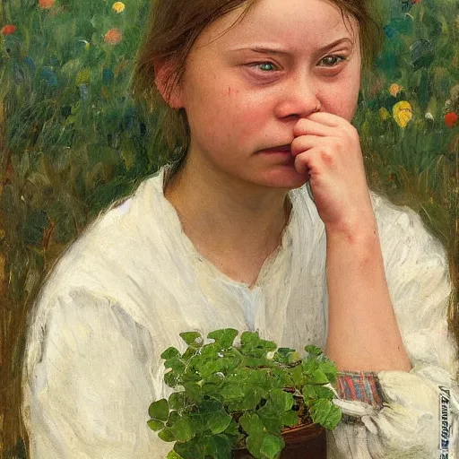 Image similar to Devastated Greta Thunberg holding a plant and crying, impressionism, barren earth, vivid attention to detail, by Greg Rutkowksi and Ilya Repin