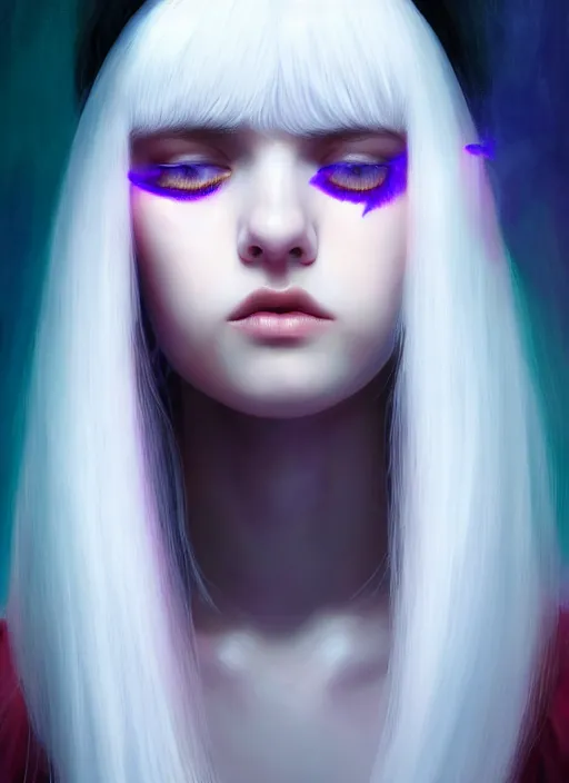 Image similar to hair whitebangs hair, black hair, whitebangs, portrait of teenage girl with white bangs, red irises, purple clothes, white bangs, bangs are different color from hair, intricate, elegant, glowing lights, highly detailed, digital painting, artstation, concept art, smooth, sharp focus, illustration, art by wlop, mars ravelo and greg rutkowski