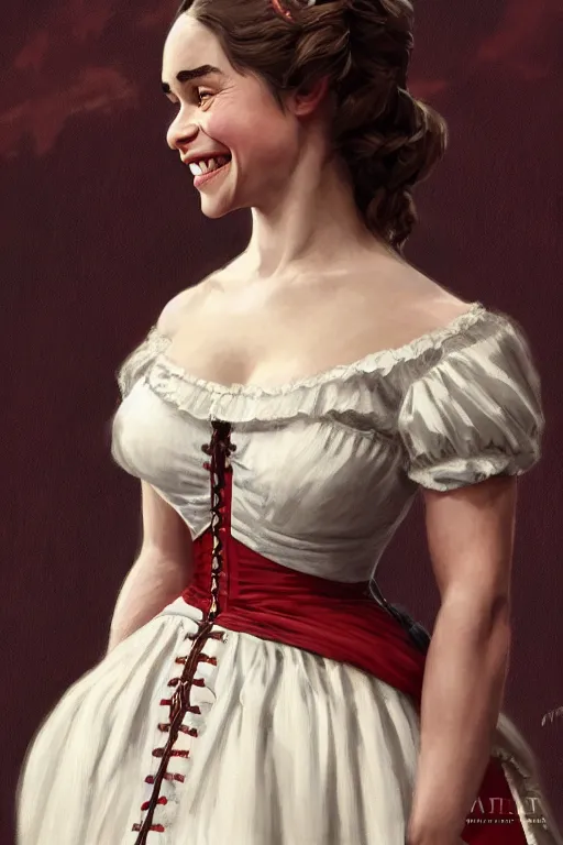 Image similar to Emilia Clarke smiling warmly in a 1800s American Corset in Red Dead Redemption, only two hands, highly detailed, digital painting, artstation, concept art, smooth, sharp focus, illustration, Unreal Engine 5, 8K, art by art by artgerm and greg rutkowski and edgar maxence