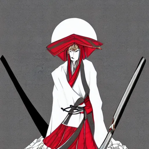 Image similar to samarai cloaked in white with swords, standing in light beam of a dark cave, ruby red sorrow, high quality, ultra detail