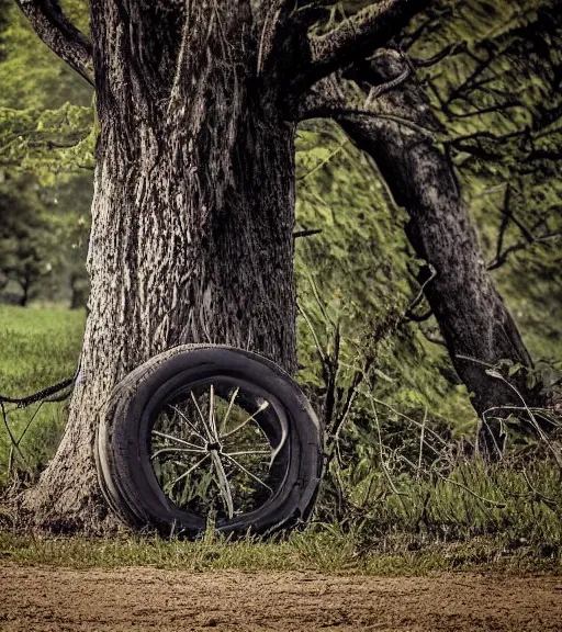 Prompt: sad tire hanging from a tree