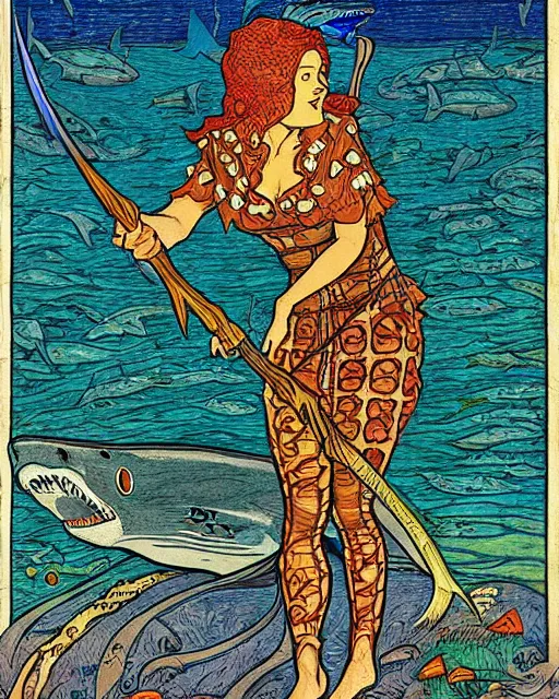 Image similar to a shark woman with melee weapons by ivan bilibin