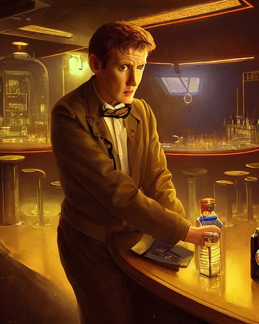 Image similar to medium - shot vislor turlough played by mark strickson at age 1 8, at the alien space pub bar counter, highly detailed, mood lighting, from doctor who series, artstation, highly detailed digital painting, smooth, global illumination, fantasy art by greg rutkowsky, karl spitzweg, leyendecker