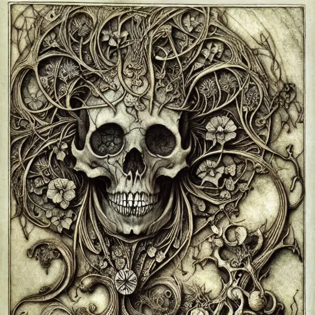 Image similar to memento mori by arthur rackham, art forms of nature by ernst haeckel, exquisitely detailed, art nouveau, gothic, ornately carved beautiful skull dominant, intricately carved antique bone, art nouveau botanicals, ornamental bone carvings, art forms of nature by ernst haeckel, horizontal symmetry, arthur rackham, ernst haeckel, symbolist, visionary