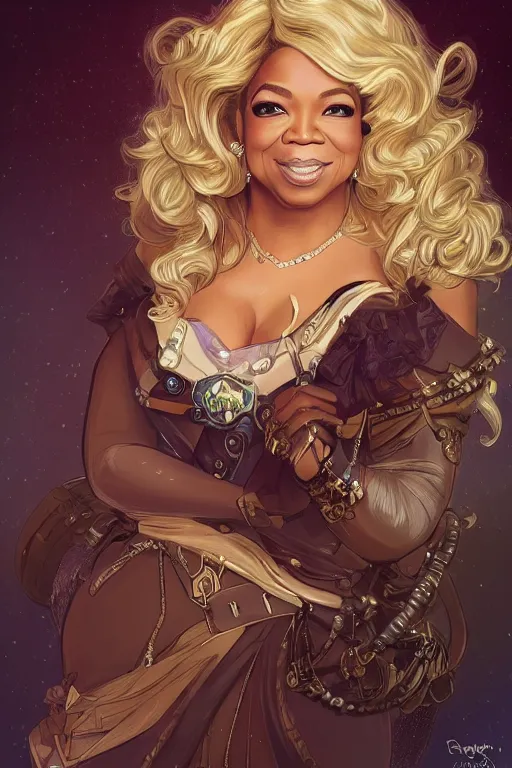 Prompt: oprah winfrey as steampunk princess, blonde hair, high fantasy, dnd, smooth, sharp focus, illustration, highly detailed, digital painting, artstation, concept art, by disney animation, rossdraws, alphonse mucha, frank fanzzeta, collectible card art