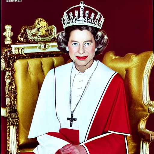 Prompt: magazine cover photo of Elizabeth II as the new pope, portrait photo by Slim Aarons in TIMES magazine cover photo, color